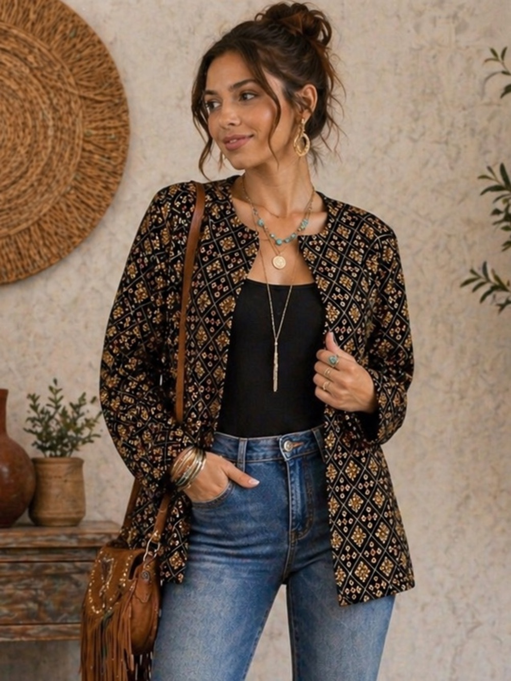 Rhea Roxy Open Short Jacket In Black And Gold Size Large XL Formal NWT $80